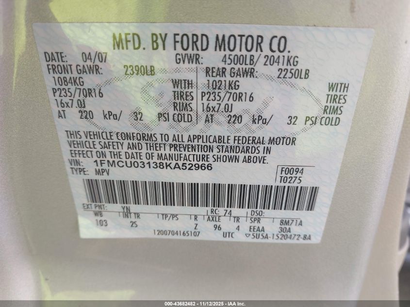 2008 Ford Escape Xlt VIN: 1FMCU03138KA52966 Lot: 43682482
