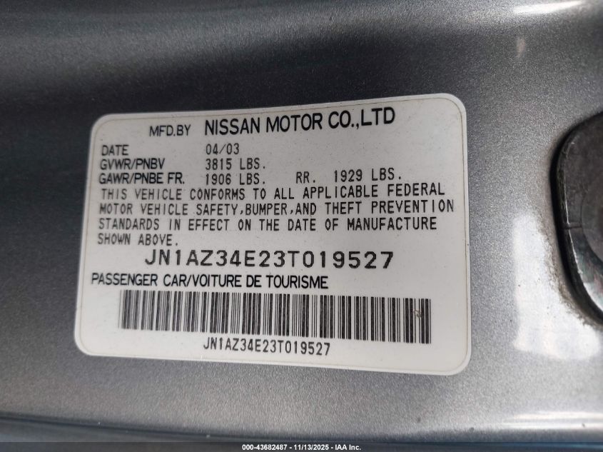 2003 Nissan 350Z Touring VIN: JN1AZ34E23T019527 Lot: 43682487