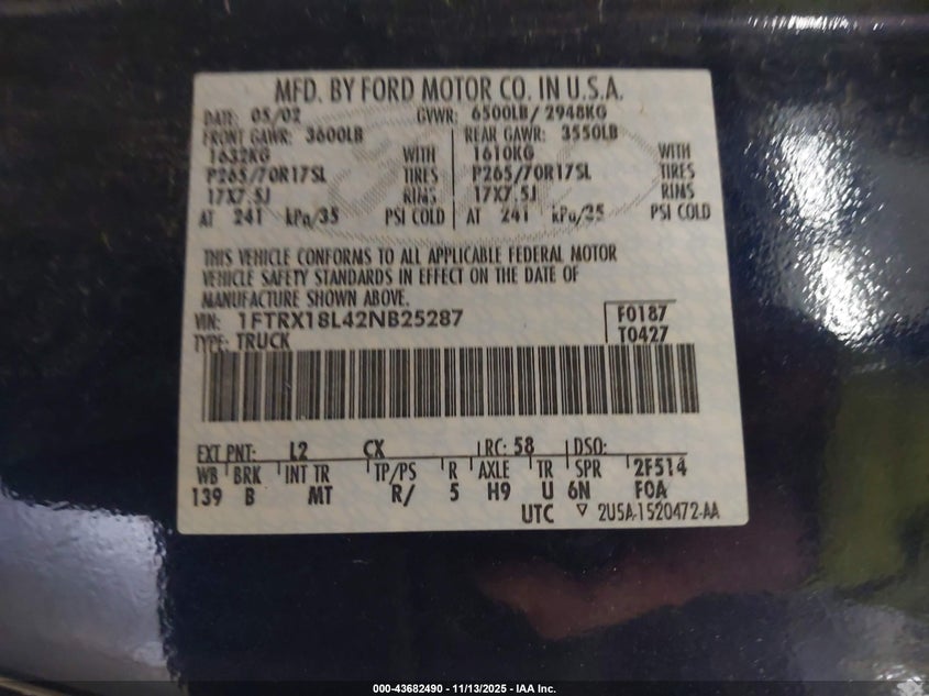 2002 Ford F-150 Lariat/Xl/Xlt VIN: 1FTRX18L42NB25287 Lot: 43682490