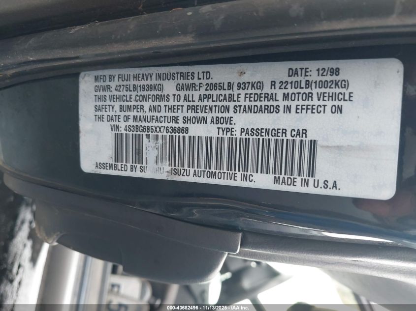 1999 Subaru Legacy 30Th Ann. Outback Ltd./Outback VIN: 4S3BG685XX7636868 Lot: 43682496