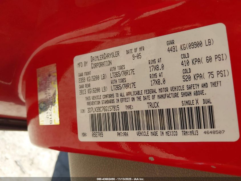 2006 Dodge Ram 3500 Slt VIN: 3D7LX39C76G157915 Lot: 43682498