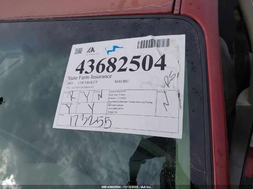 2003 Chevrolet Malibu VIN: 1G1ND52JX3M641367 Lot: 43682504