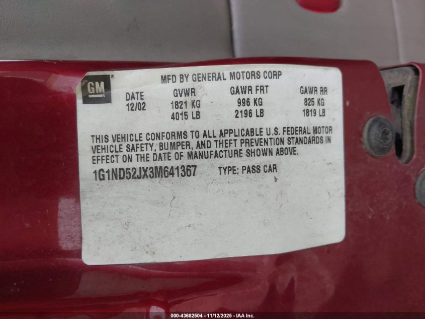 2003 Chevrolet Malibu VIN: 1G1ND52JX3M641367 Lot: 43682504