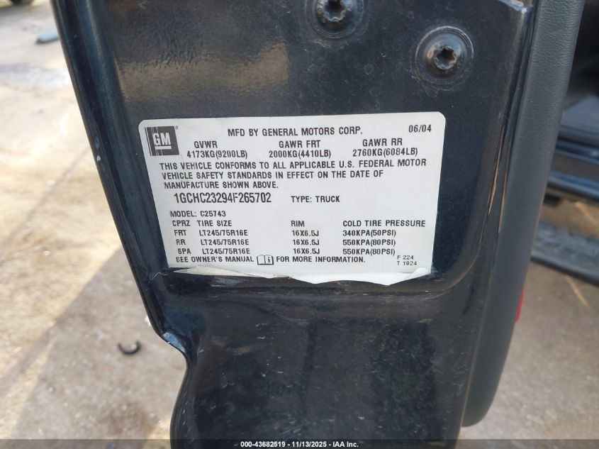 2004 Chevrolet Silverado 2500Hd Ls VIN: 1GCHC23294F265702 Lot: 43682519