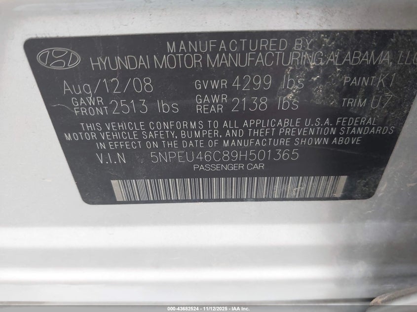 5NPEU46C89H501365 2009 HYUNDAI SONATA photo no. 9