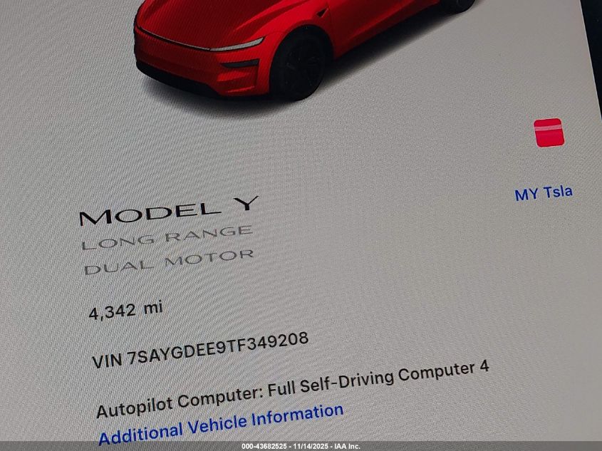 2026 Tesla Model Y Long Range Dual Motor All-Wheel Drive/Long Range Launch Series VIN: 7SAYGDEE9TF349208 Lot: 43682525