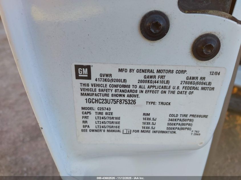 2005 Chevrolet Silverado 2500Hd Ls VIN: 1GCHC23U75F875326 Lot: 43682526
