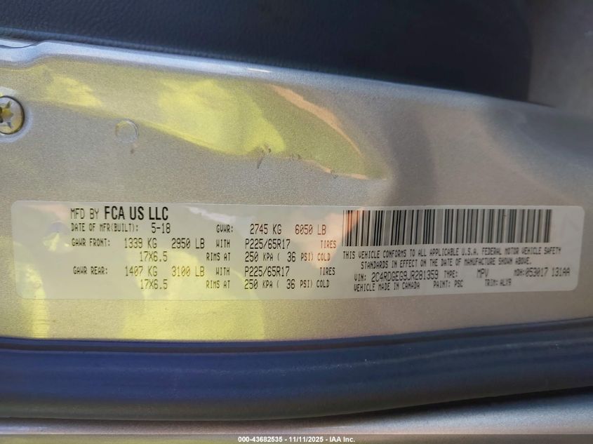 2018 Dodge Grand Caravan Gt VIN: 2C4RDGEG9JR281359 Lot: 43682535