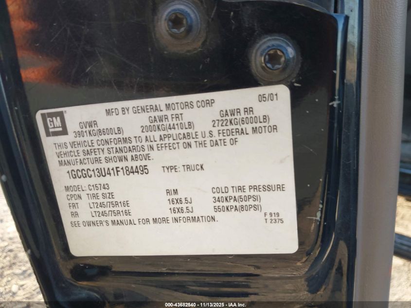 2001 Chevrolet Silverado 1500Hd Ls VIN: 1GCGC13U41F184495 Lot: 43682540