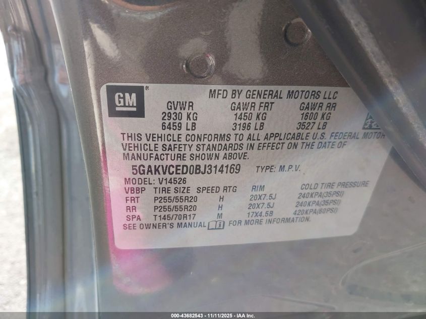 2011 Buick Enclave 2Xl VIN: 5GAKVCED0BJ314169 Lot: 43682543