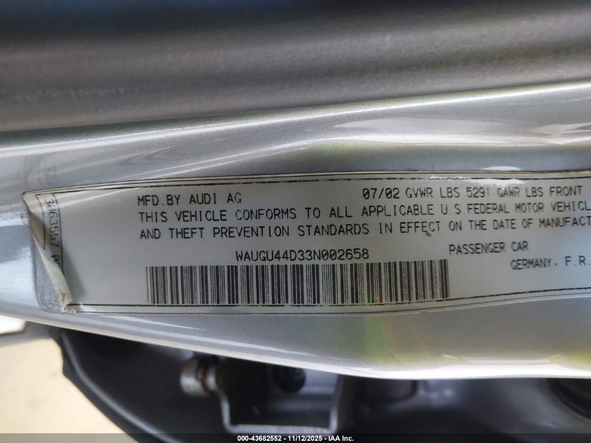 2003 Audi S8 4.2 VIN: WAUGU44D33N002658 Lot: 43682552