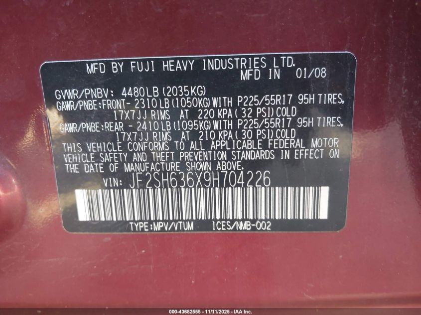 2009 Subaru Forester 2.5X VIN: JF2SH636X9H704226 Lot: 43682555