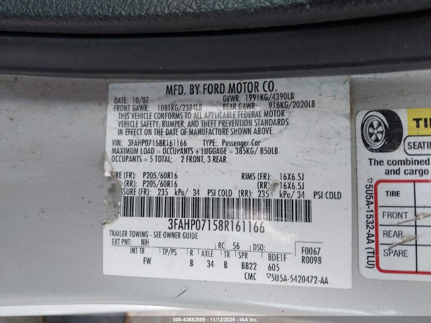 2008 Ford Fusion Se VIN: 3FAHP07158R161166 Lot: 43682559