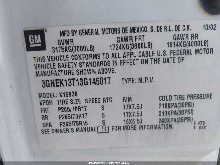 2003 Chevrolet Avalanche 1500 VIN: 3GNEK13T13G145017 Lot: 43682582