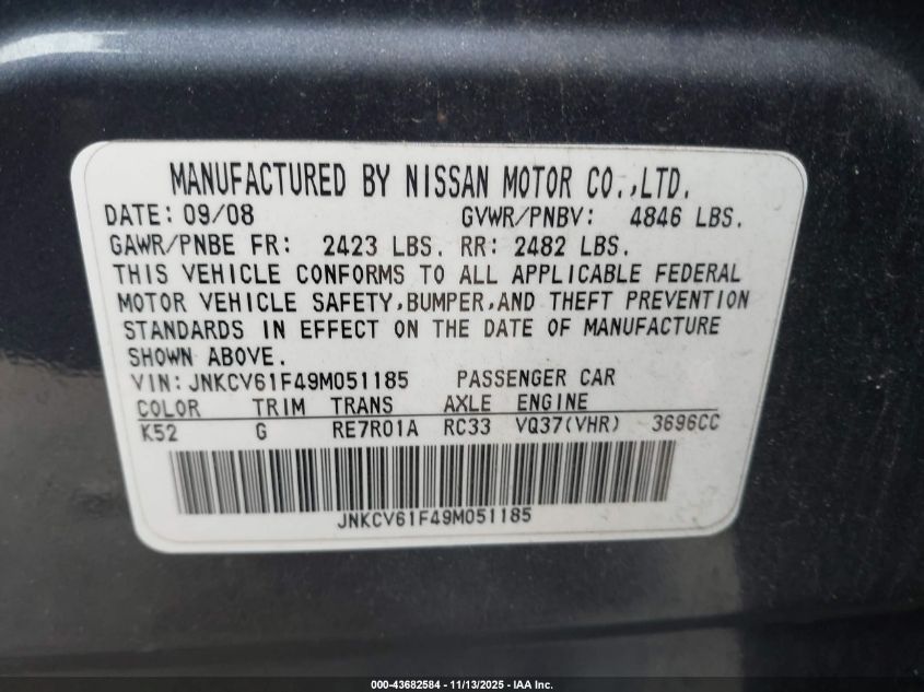 2009 Infiniti G37X VIN: JNKCV61F49M051185 Lot: 43682584
