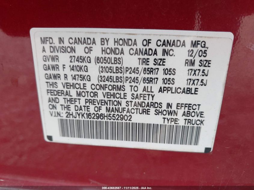 2006 Honda Ridgeline Rt VIN: 2HJYK16296H552902 Lot: 43682587