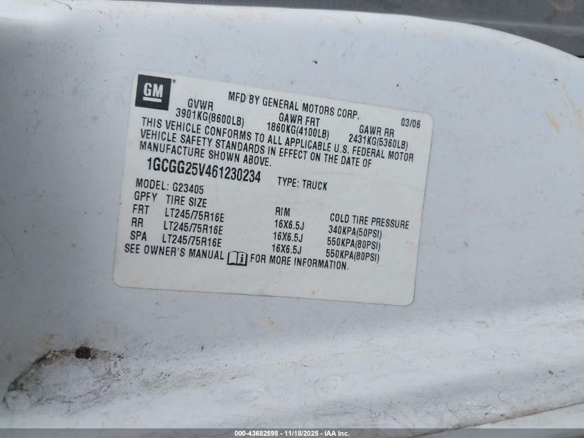 2006 Chevrolet Express Work Van VIN: 1GCGG25V461230234 Lot: 43682598