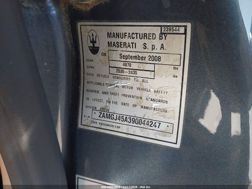 2009 Maserati Granturismo VIN: ZAMGJ45A390044247 Lot: 43682602