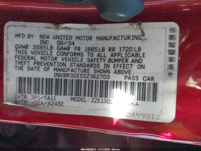 2005 Toyota Corolla Ce VIN: 1NXBR32E55Z362703 Lot: 43682613