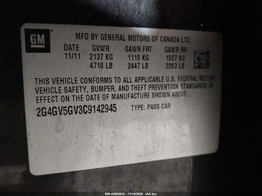 2012 Buick Regal Gs VIN: 2G4GV5GV3C9142945 Lot: 43682632