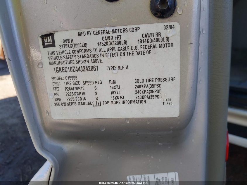 2004 GMC Yukon Xl 1500 Slt VIN: 1GKEC16Z44J242061 Lot: 43682646