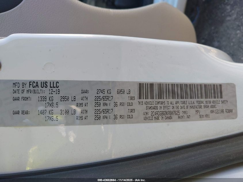 2019 Dodge Grand Caravan Se VIN: 2C4RDGBG9KR807625 Lot: 43682664