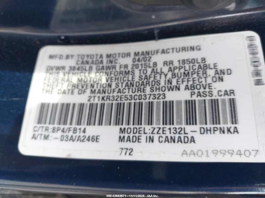 2003 Toyota Matrix Xr VIN: 2T1KR32E53C037323 Lot: 43682671