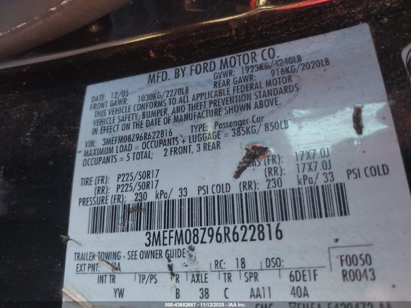 2006 Mercury Milan I4 Premier VIN: 3MEFM08Z96R622816 Lot: 43682687