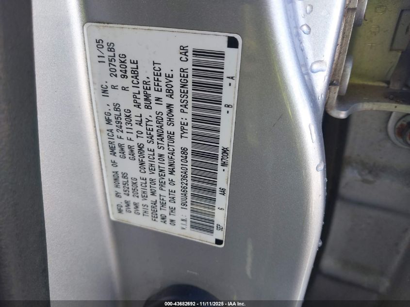 2006 Acura Tl VIN: 19UUA66236A010486 Lot: 43682692