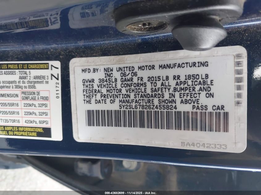 2006 Pontiac Vibe VIN: 5Y2SL67826Z455824 Lot: 43682699