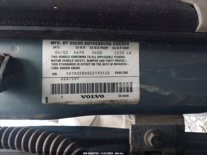 2002 Volvo S60 2.4T VIN: YV1RS58D822193120 Lot: 43682702