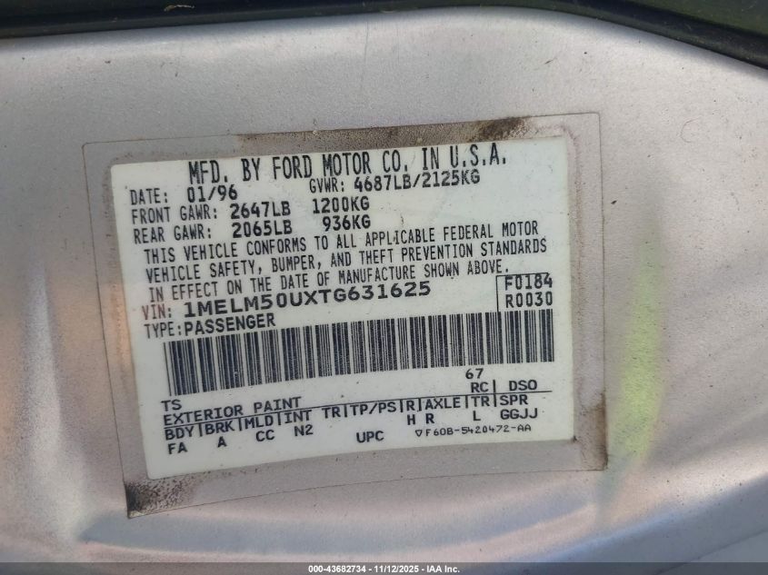 1996 Mercury Sable Gs VIN: 1MELM50UXTG631625 Lot: 43682734