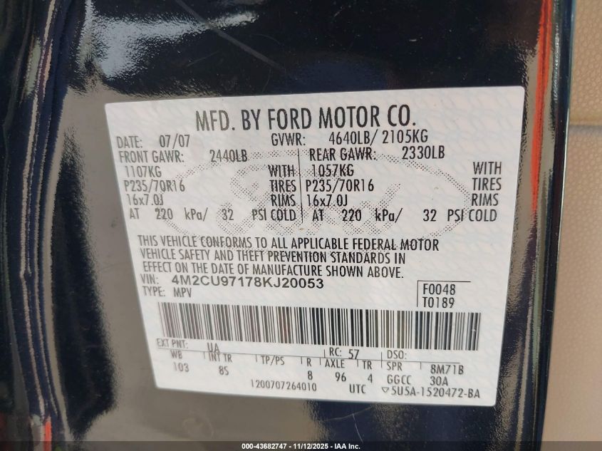 2008 Mercury Mariner Premier VIN: 4M2CU97178KJ20053 Lot: 43682747