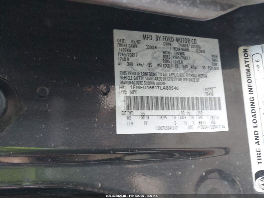 2007 Ford Expedition Xlt VIN: 1FMFU15517LA88540 Lot: 43682748