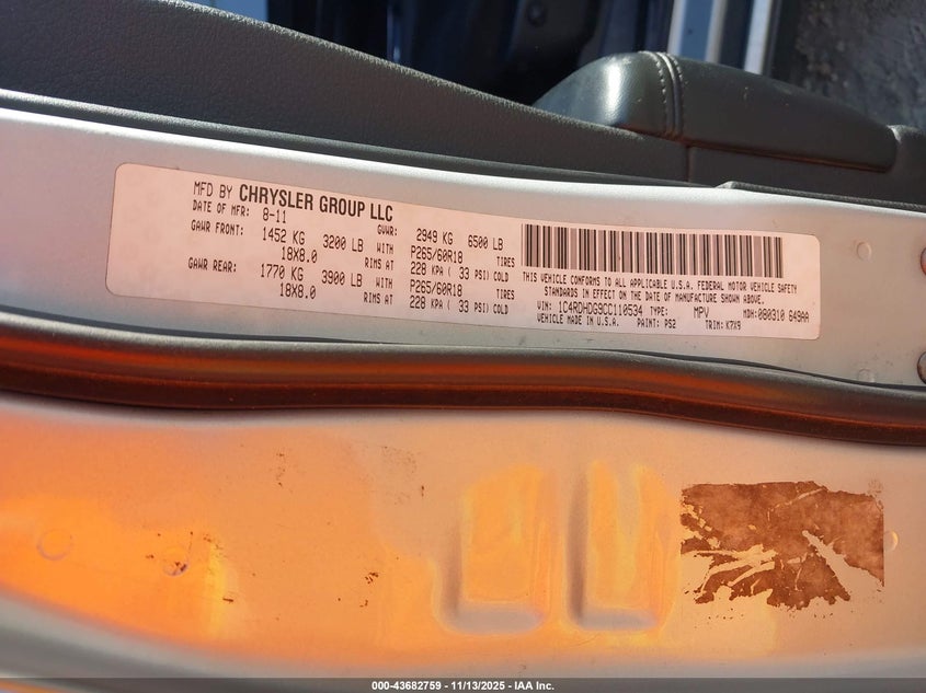 2012 Dodge Durango Crew VIN: 1C4RDHDG9CC110534 Lot: 43682759