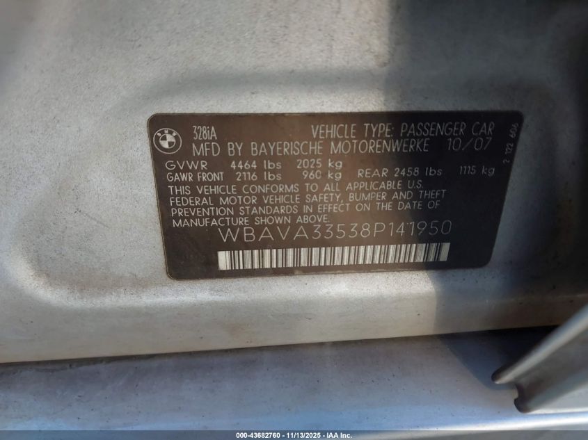 2008 BMW 328I VIN: WBAVA33538P141950 Lot: 43682760