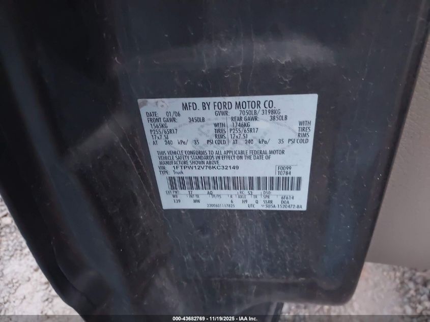 2006 Ford F-150 Lariat/Xlt VIN: 1FTPW12V76KC32149 Lot: 43682769