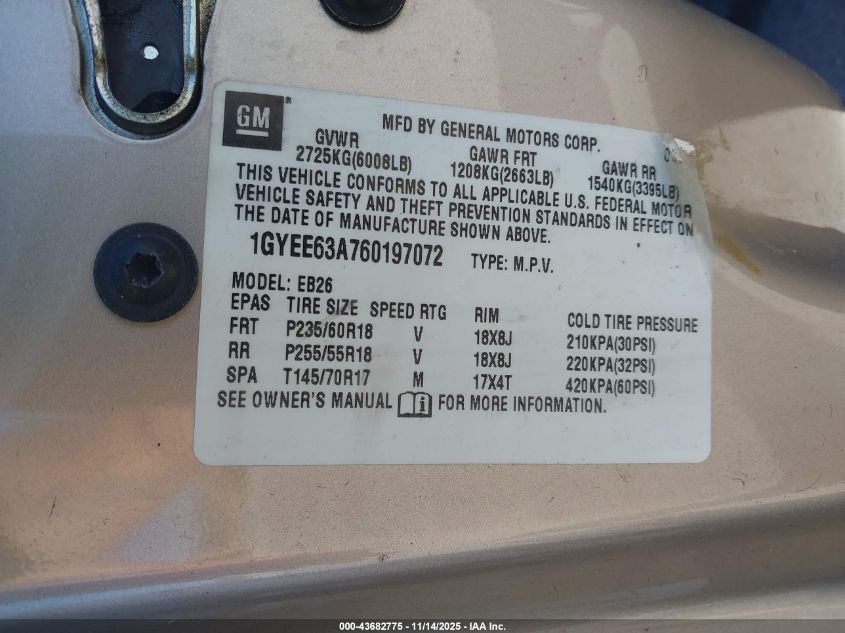 2006 Cadillac Srx V8 VIN: 1GYEE63A760197072 Lot: 43682775