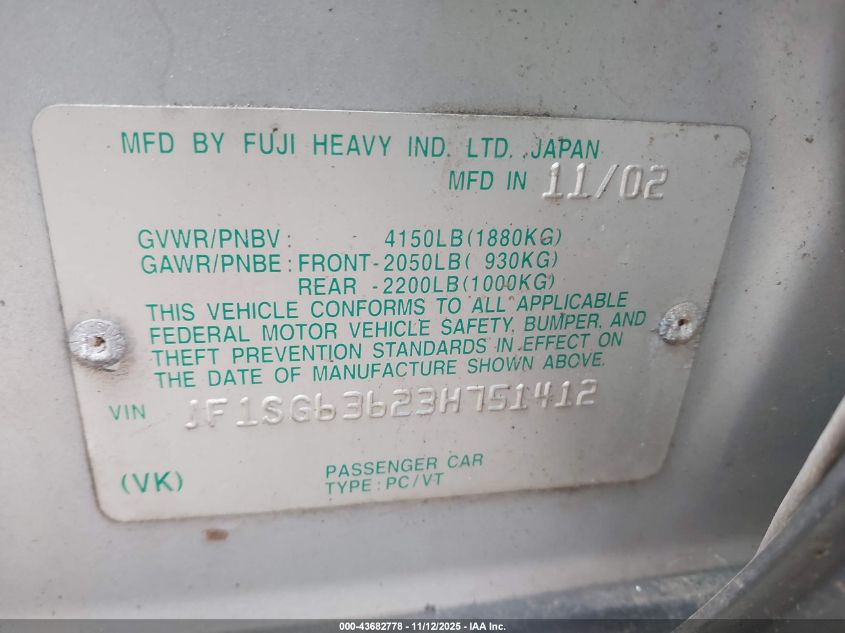 2003 Subaru Forester X VIN: JF1SG63623H751412 Lot: 43682778