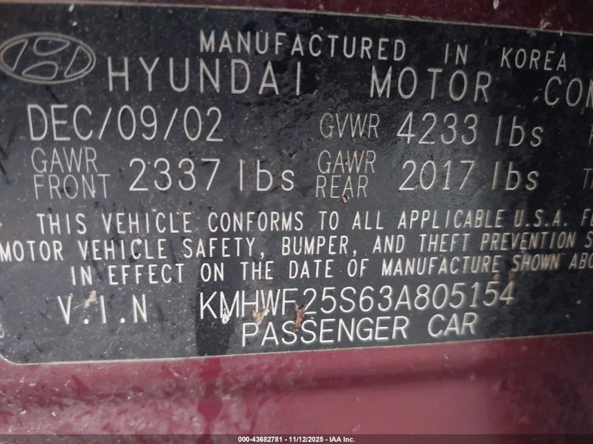 2003 Hyundai Sonata VIN: KMHWF25S63A805154 Lot: 43682781