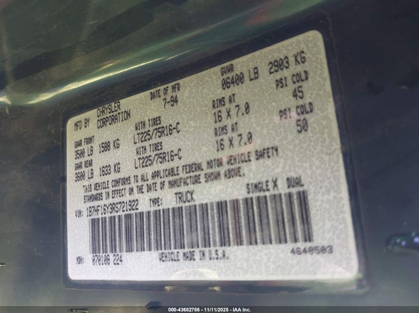 1994 Dodge Ram 1500 VIN: 1B7HF16Y3RS721922 Lot: 43682786