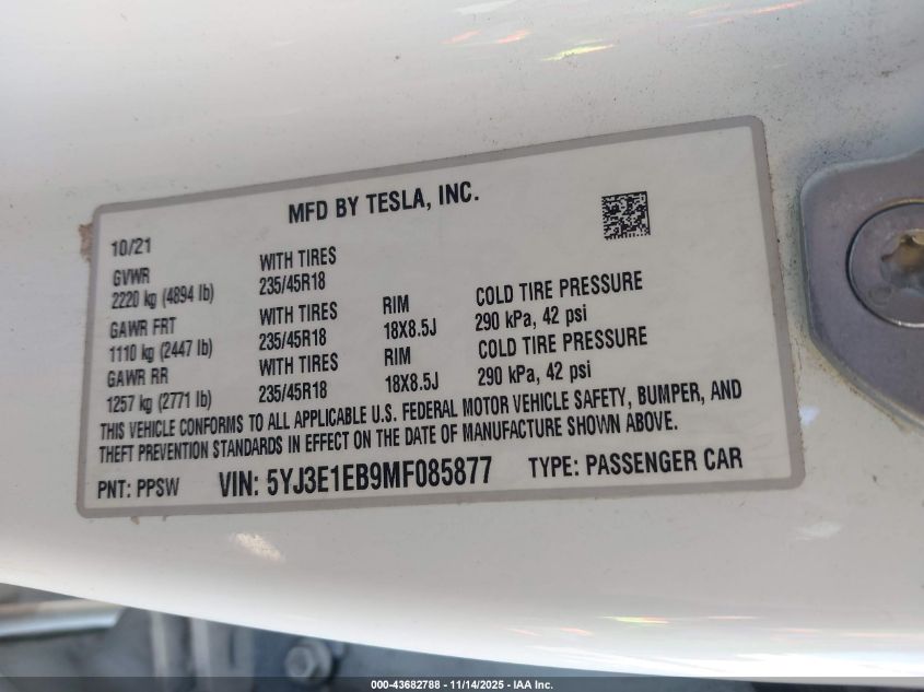 2021 Tesla Model 3 Long Range Dual Motor All-Wheel Drive VIN: 5YJ3E1EB9MF085877 Lot: 43682788