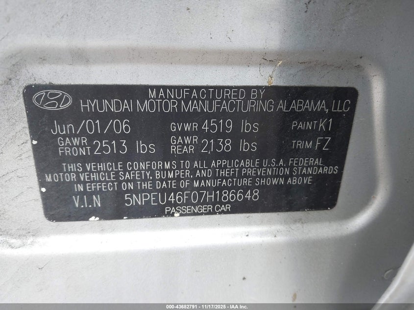 5NPEU46F07H186648 2007 HYUNDAI SONATA photo no. 9