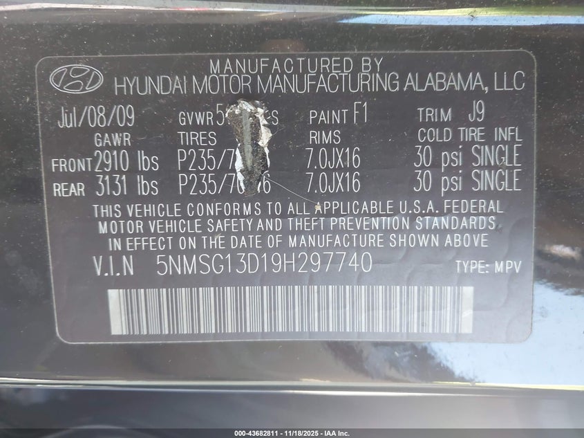 5NMSG13D19H297740 2009 HYUNDAI SANTA FE photo no. 9