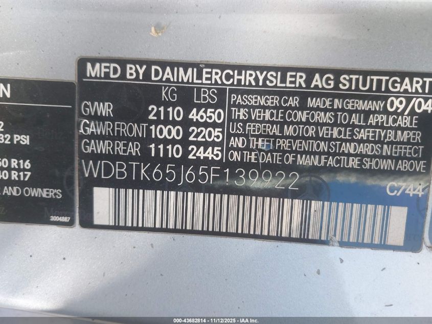 2005 Mercedes-Benz Clk 320 VIN: WDBTK65J65F139922 Lot: 43682814