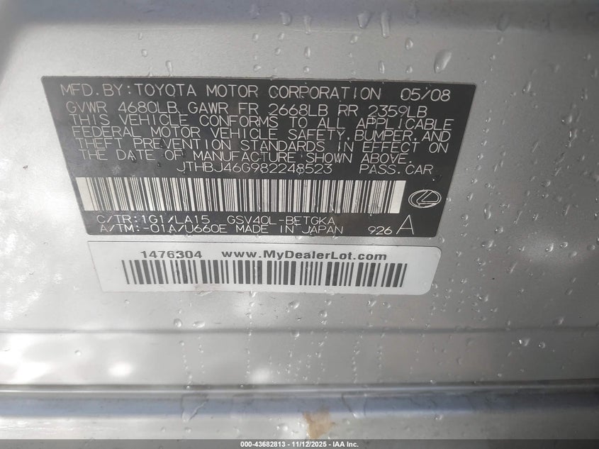 JTHBJ46G982248523 2008 LEXUS ES photo no. 9