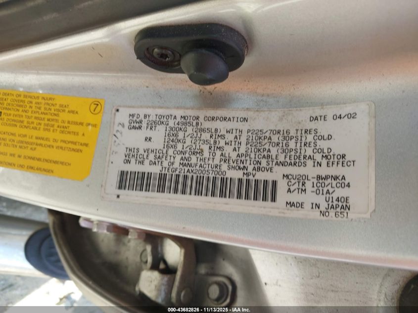 2002 Toyota Highlander Limited V6/V6 VIN: JTEGF21AX20057000 Lot: 43682826