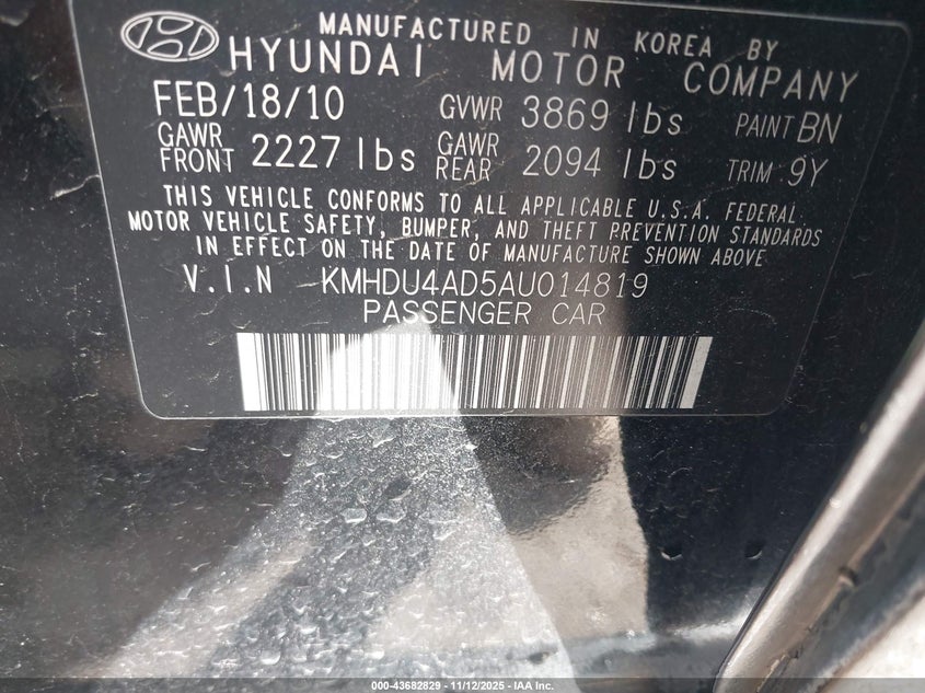 KMHDU4AD5AU014819 2010 HYUNDAI ELANTRA photo no. 9