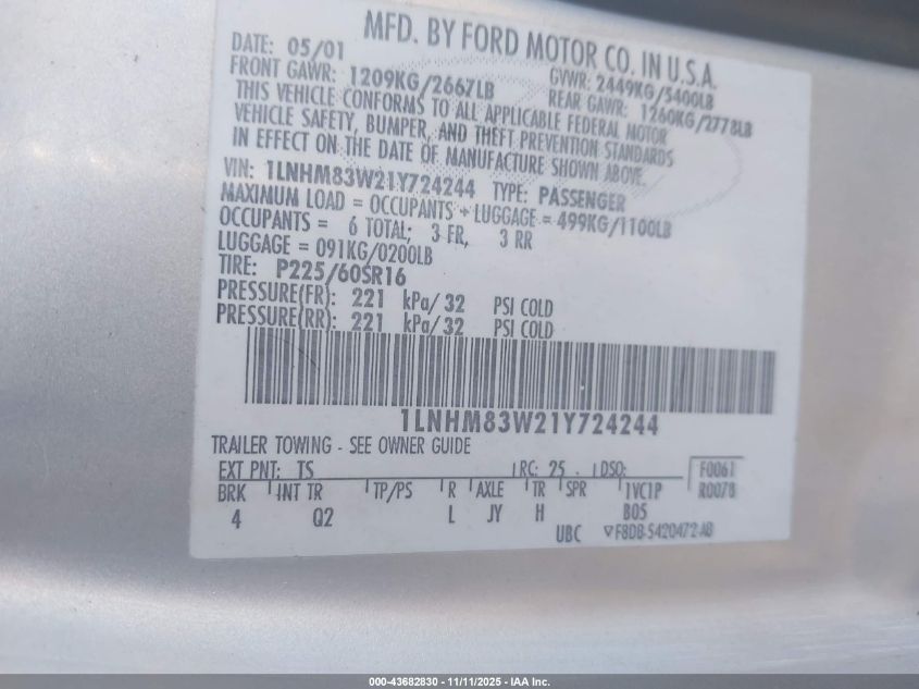 2001 Lincoln Town Car Cartier VIN: 1LNHM83W21Y724244 Lot: 43682830