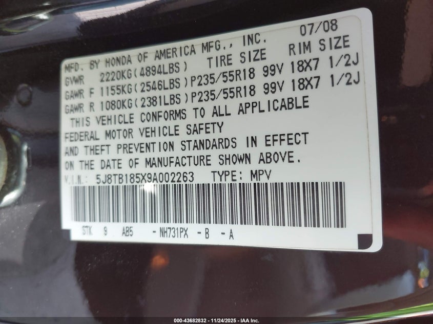 2009 Acura Rdx VIN: 5J8TB185X9A002263 Lot: 43682832